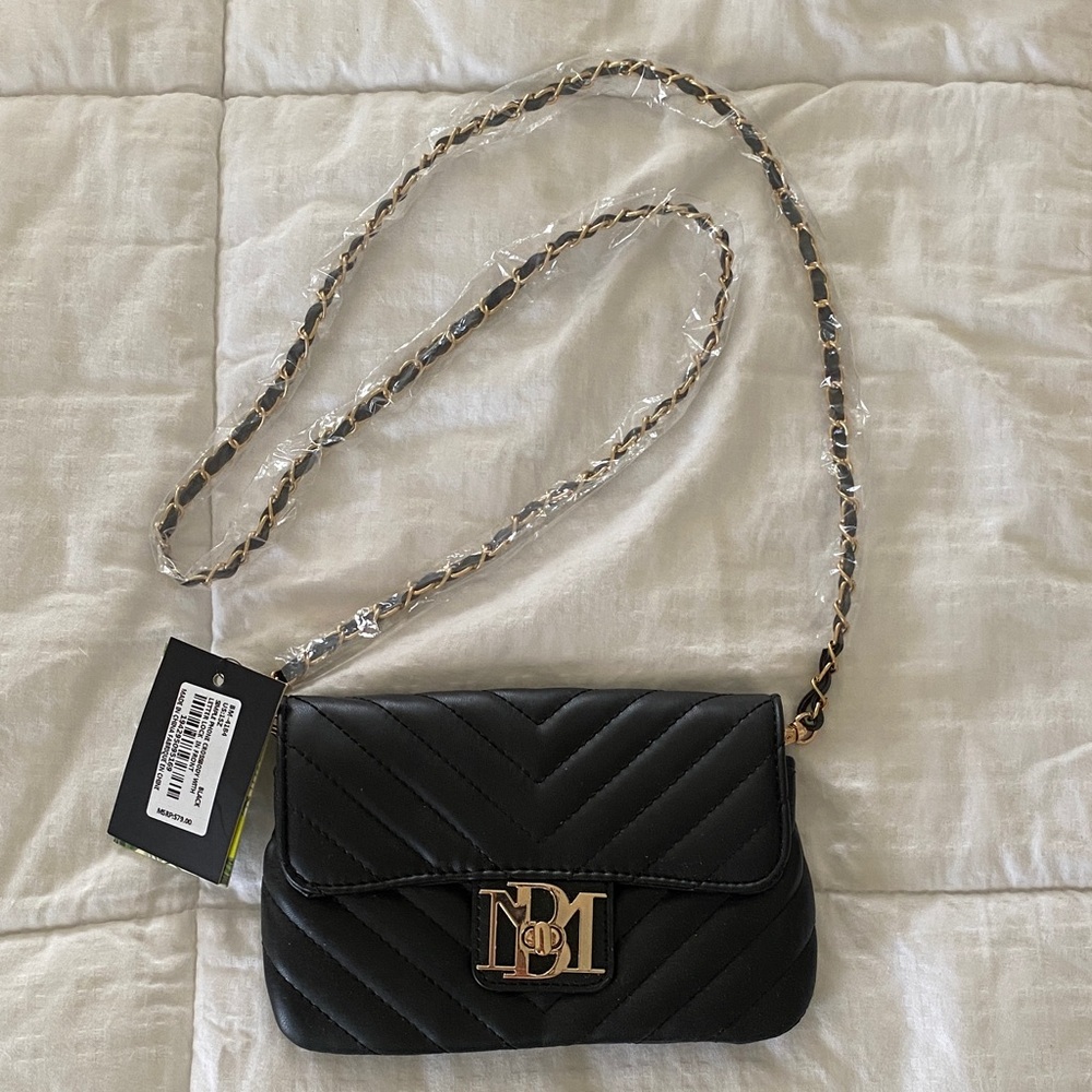 NWT Bartley Mischa Black Quilted Crossbody Bag with Gold Logo Hardware